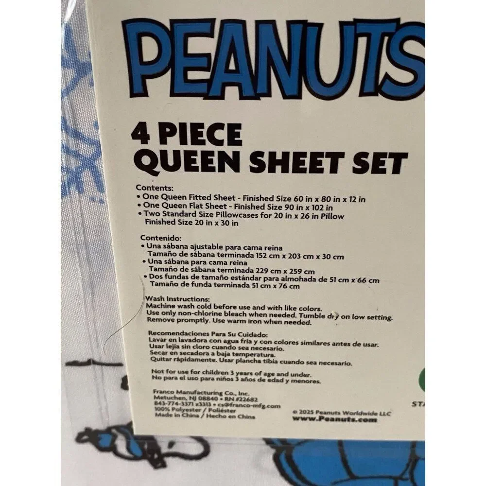 Peanuts Snoopy Puffy Coat QUEEN SZ Sheet Set Christmas Puffer Jacket White‎ Blue